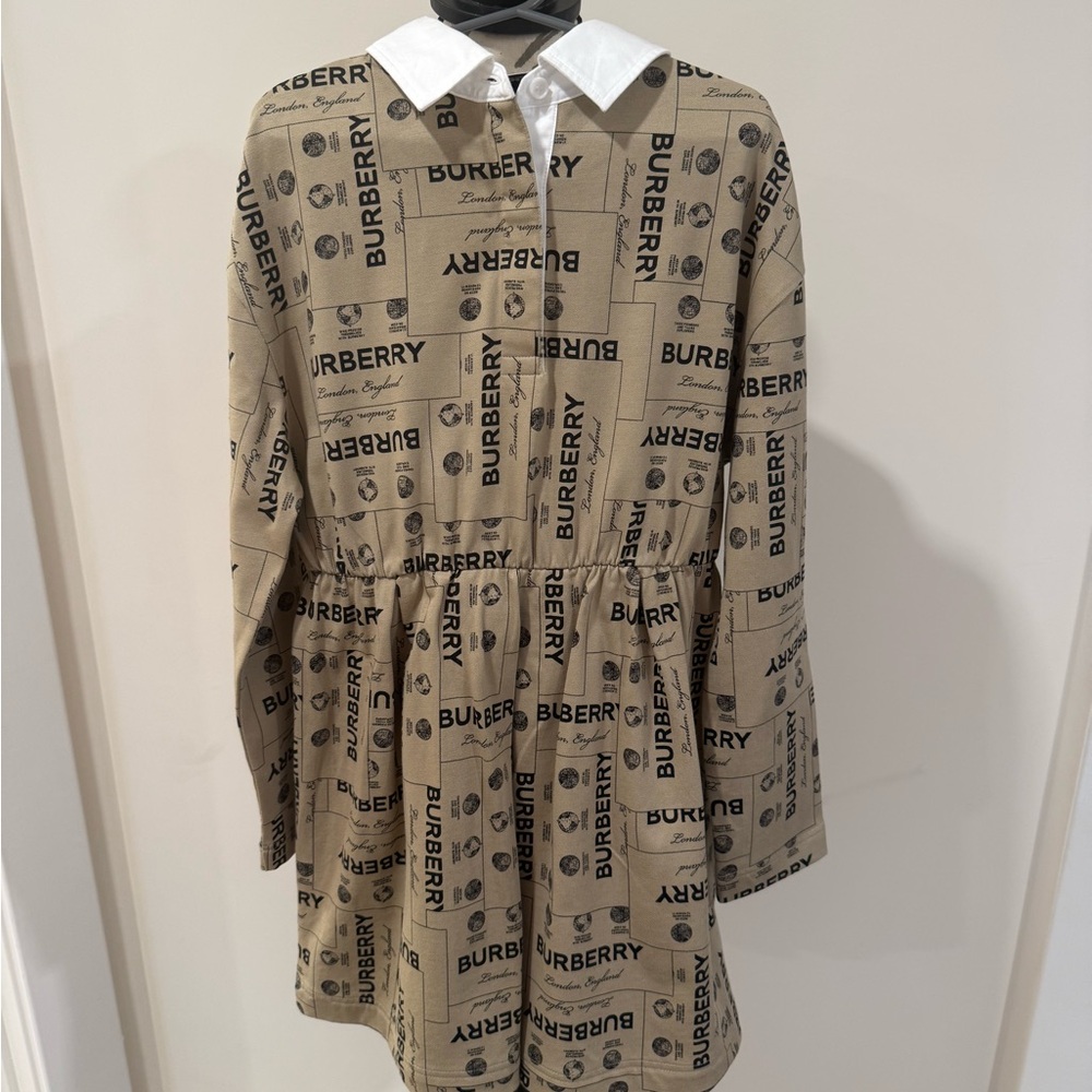 Burberry Girl’s Tan Logo Print Dress with White Collar
